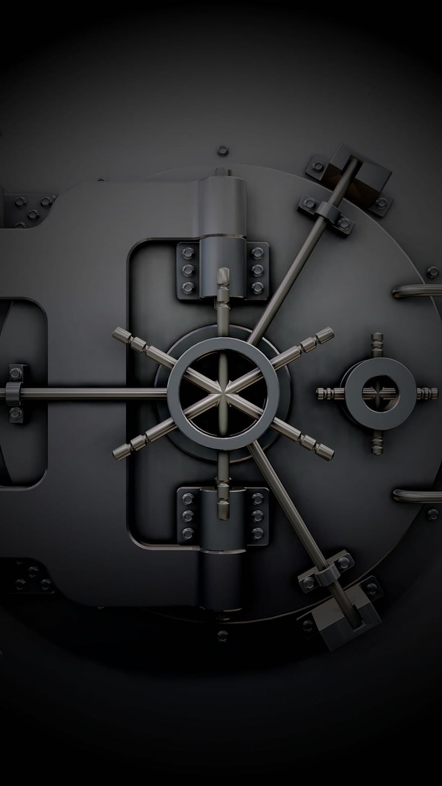 Dark Industrial Vault Door with Heavy Steel Wheel and Mechanical Bolts HD phone wallpaper