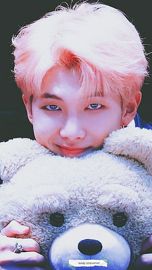 RM from BTS with Platinum Hair Hugging a Fluffy Teddy Bear HD phone wallpaper