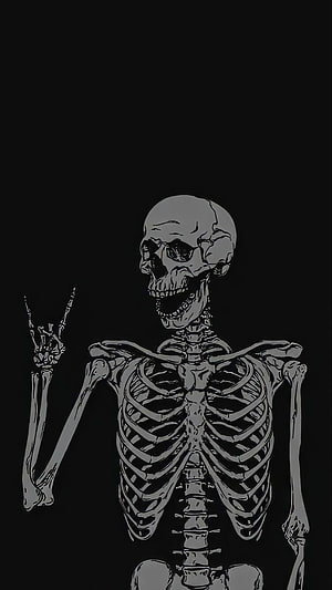 Monochrome Skeleton Illustration Making Rock Hand Gesture on Black Background HD phone wallpaper
