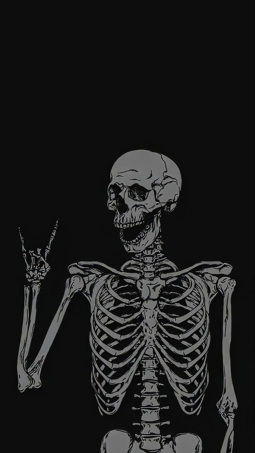 Monochrome Skeleton Illustration Making Rock Hand Gesture on Black Background HD phone wallpaper