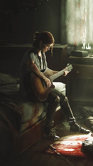 Ellie from The Last of Us Part II playing acoustic guitar in a dimly lit room HD phone wallpaper
