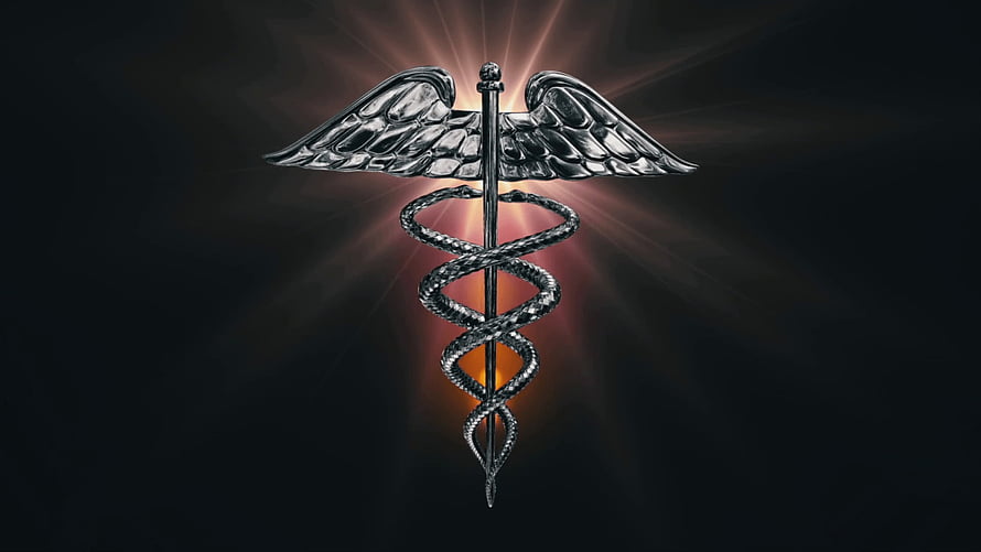 Metallic Caduceus Medical Symbol with Wings and Serpents on Dark Background HD wallpaper