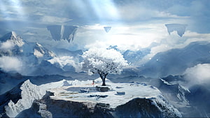 Solitary Snow-Covered Tree on a Frozen Mountain Plateau with Floating Islands HD wallpaper