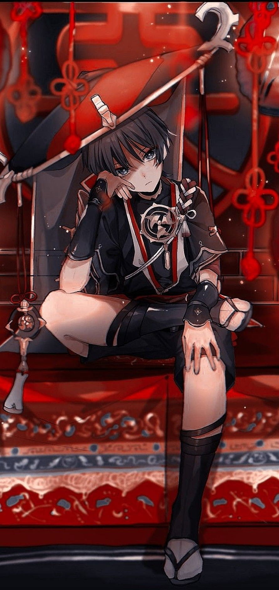 Scaramouche from Genshin Impact in a dark outfit with a red hat and staff HD phone wallpaper