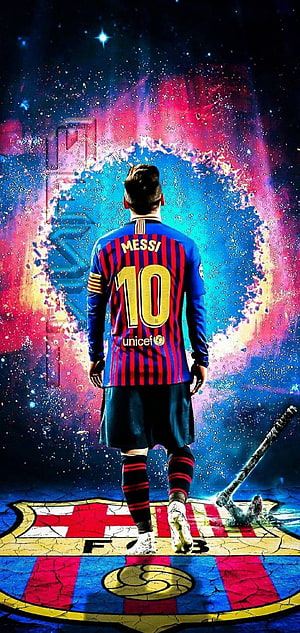 Lionel Messi in FC Barcelona Kit Standing Before Cosmic Galaxy Background HD phone wallpaper