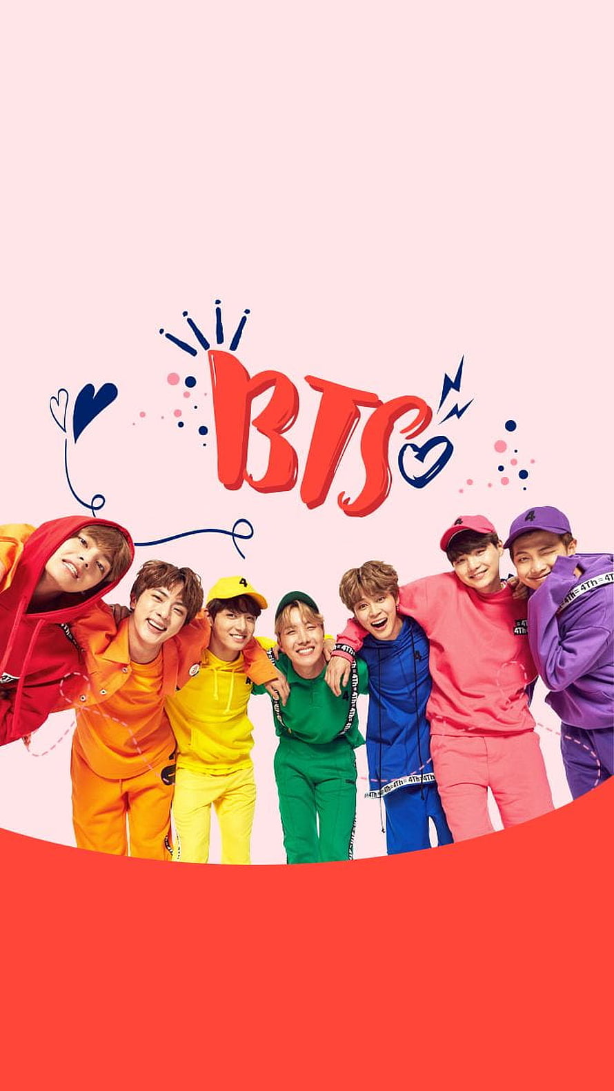 BTS Members in Colorful Outfits with Handwritten Logo on Pink Background HD phone wallpaper