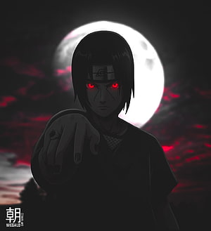Itachi Uchiha in Sharingan Mode Against a Full Moon in Dark Anime Art HD phone wallpaper