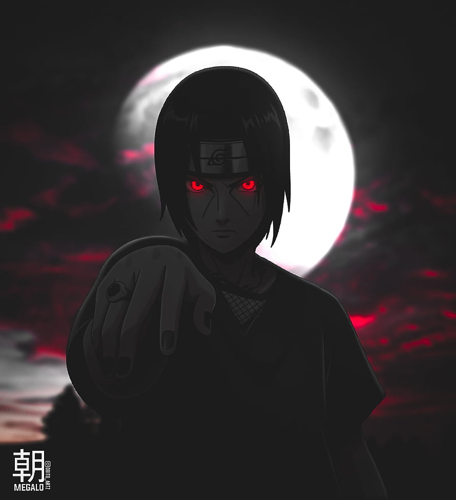 Itachi Uchiha in Sharingan Mode Against a Full Moon in Dark Anime Art HD phone wallpaper
