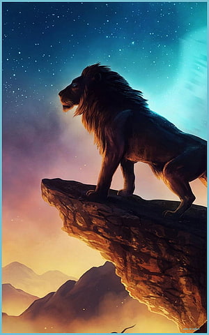 Majestic Lion Silhouette on Rocky Cliff Under Starry Night Sky HD phone wallpaper