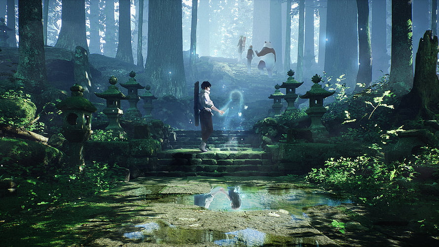 Yuta Okkotsu in a Misty Forest with Stone Lanterns and a Glowing Spirit HD wallpaper