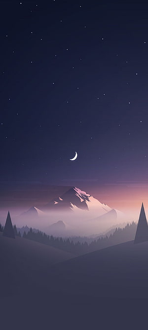 Minimalist Night Mountain Landscape with Crescent Moon and Starry Sky HD phone wallpaper