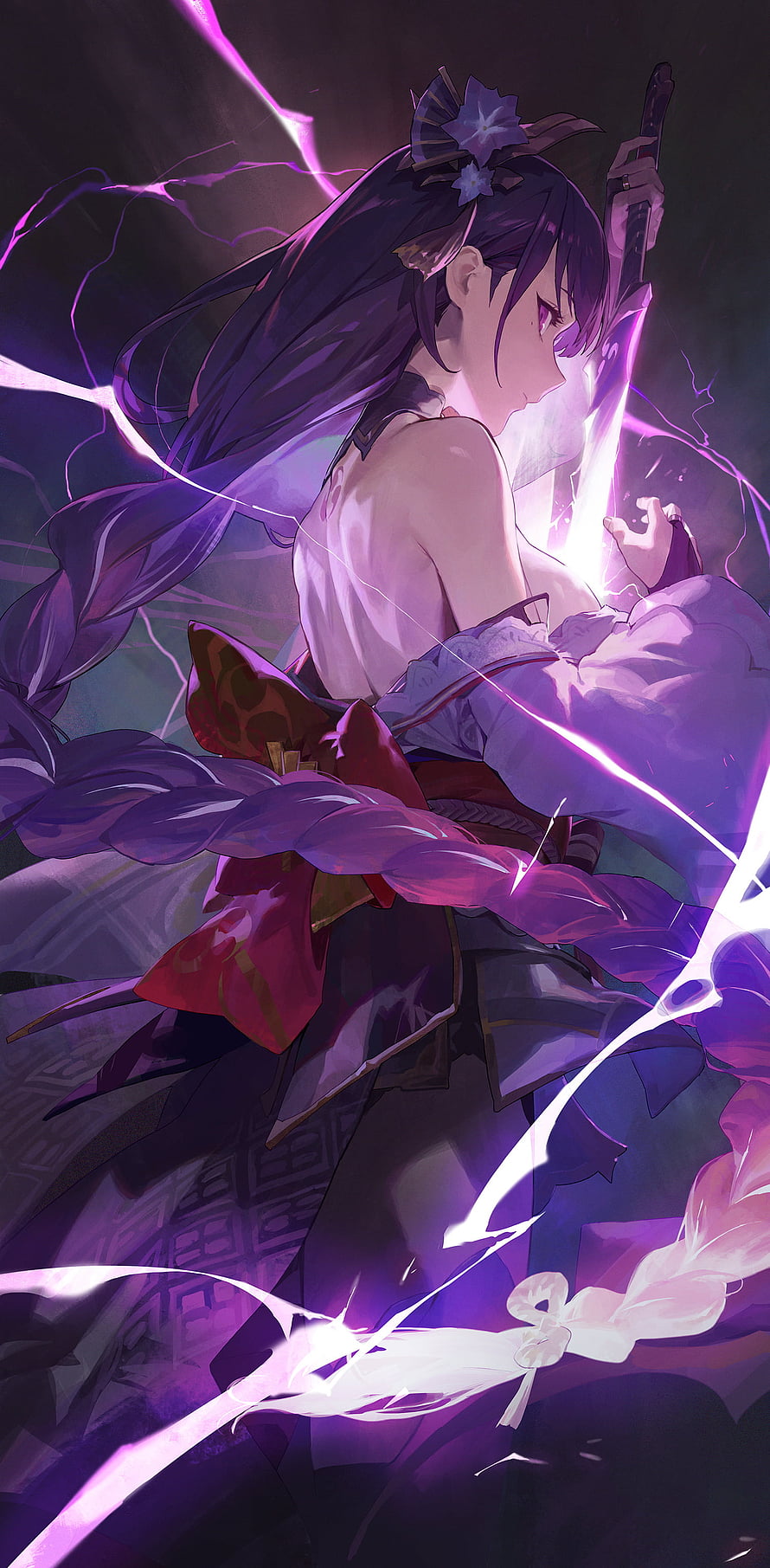 Raiden Shogun from Genshin Impact wielding a glowing katana in a dramatic purple and magenta anime illustration HD phone wallpaper