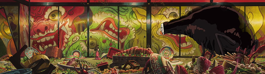 Studio Ghibli Spirited Away Bathhouse Scene with No-Face and Dragon Wall Art HD wallpaper