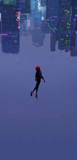 Miles Morales swinging through a glitched, neon-lit cityscape in Spider-Verse style HD phone wallpaper