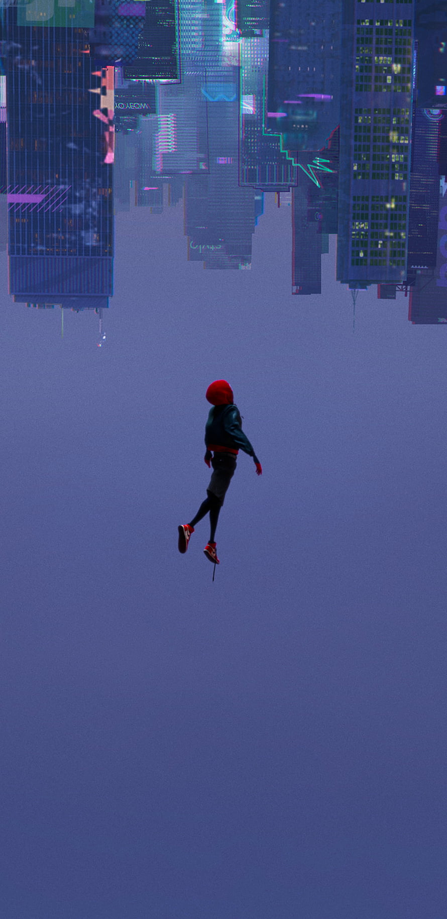 Miles Morales swinging through a glitched, neon-lit cityscape in Spider-Verse style HD phone wallpaper