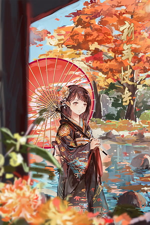Anime Girl in Kimono Holding Red Parasol in Autumn Garden HD phone wallpaper