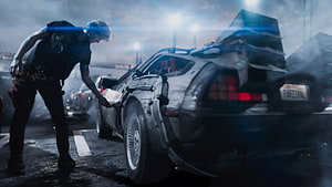 Parzival and the DeLorean Time Machine in Ready Player One Cinematic Scene HD wallpaper