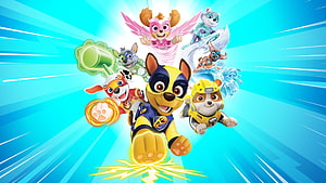 Paw Patrol Mighty Pups Superhero Team Flying Through Vibrant Blue Sky HD wallpaper