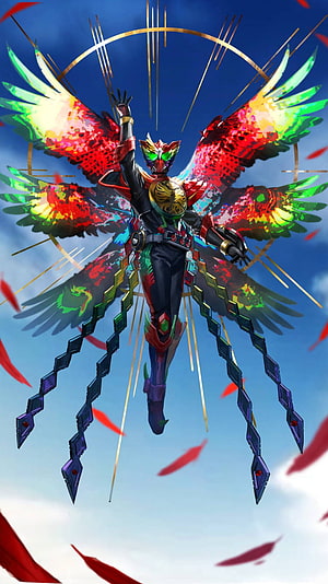 Kamen Rider OOO Tajador Eternity Form with Vibrant Wings and Floating Blades HD phone wallpaper