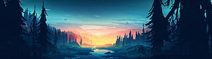 Stylized Forest River Sunset Landscape with Silhouetted Pine Trees and Warm Horizon Glow HD wallpaper