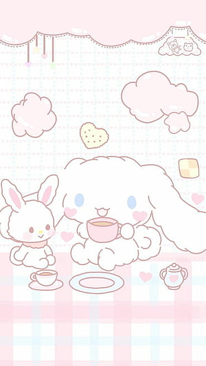 Cinnamoroll and a bunny enjoying a cozy tea party in a pastel kawaii room HD phone wallpaper