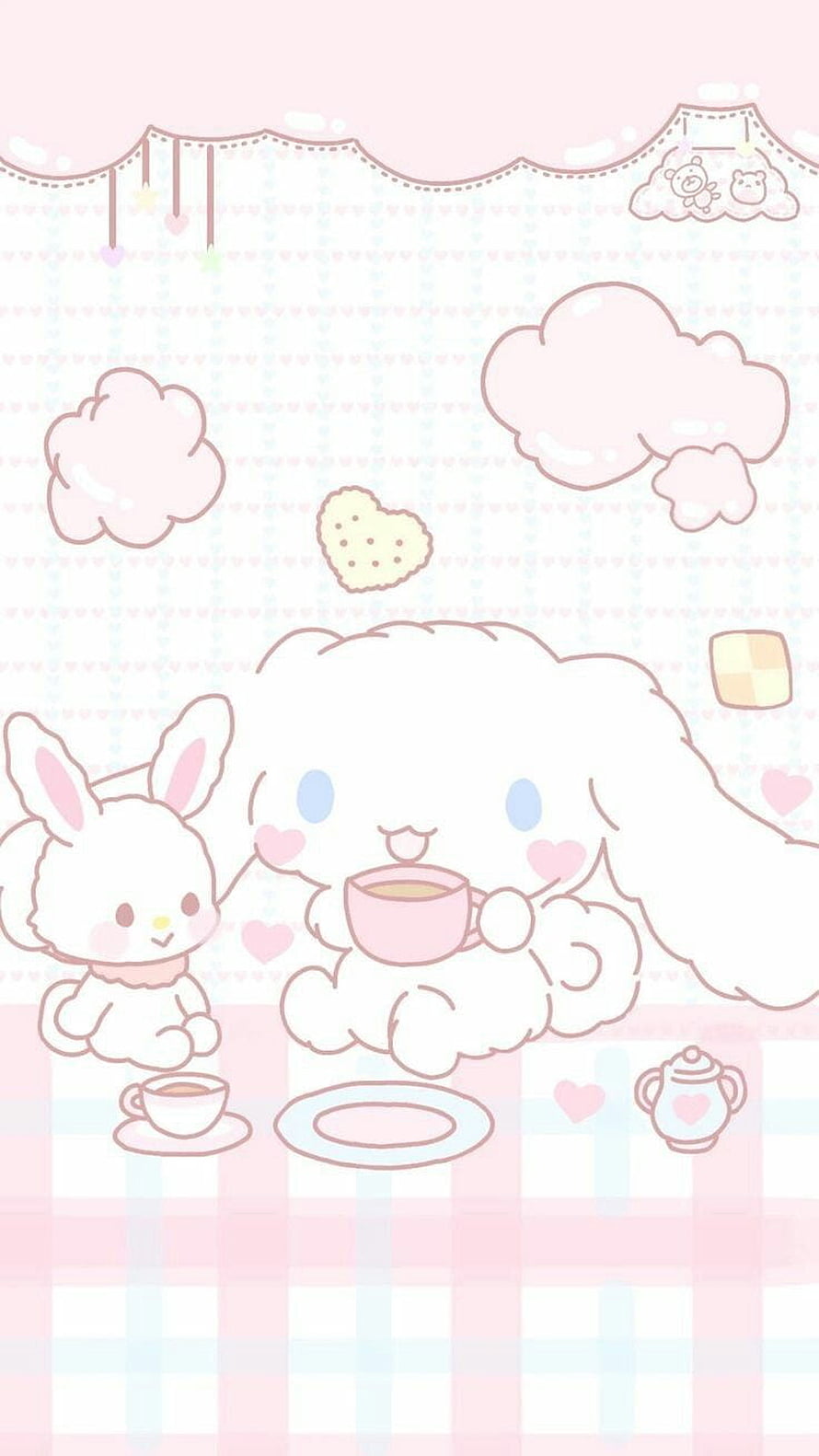 Cinnamoroll and a bunny enjoying a cozy tea party in a pastel kawaii room HD phone wallpaper