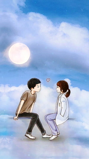 Romantic Couple Sitting on Clouds Under a Full Moon in Soft Watercolor Style HD phone wallpaper