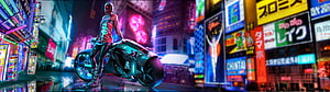 Cyberpunk Rider on Futuristic Motorcycle in Neon-Lit Japanese City Street HD wallpaper