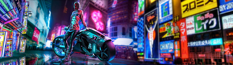 Cyberpunk Rider on Futuristic Motorcycle in Neon-Lit Japanese City Street HD wallpaper