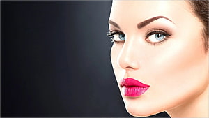 Close-up beauty portrait of a woman with bold pink lips and blue eyes against a dark background HD wallpaper