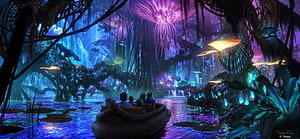 Avatar Pandora Bioluminescent Jungle River Concept Art with Raft and Glowing Flora HD wallpaper