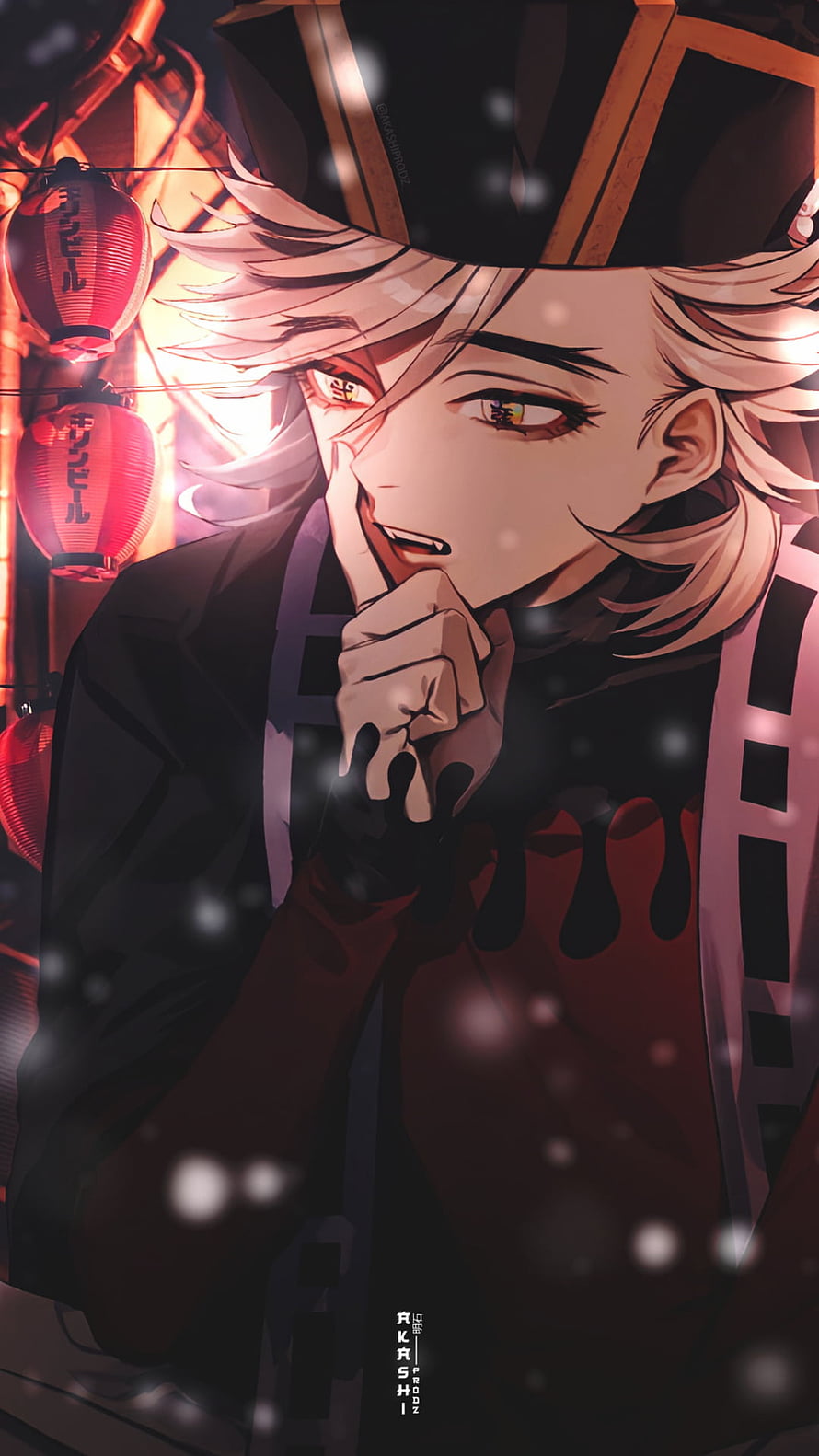 Douma from Demon Slayer in a moody lantern-lit scene with falling snow HD phone wallpaper