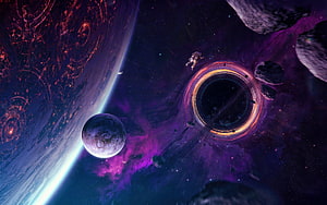 Astronaut Drifting Near Glowing Black Hole Amidst Purple Nebula and Distant Planets HD wallpaper