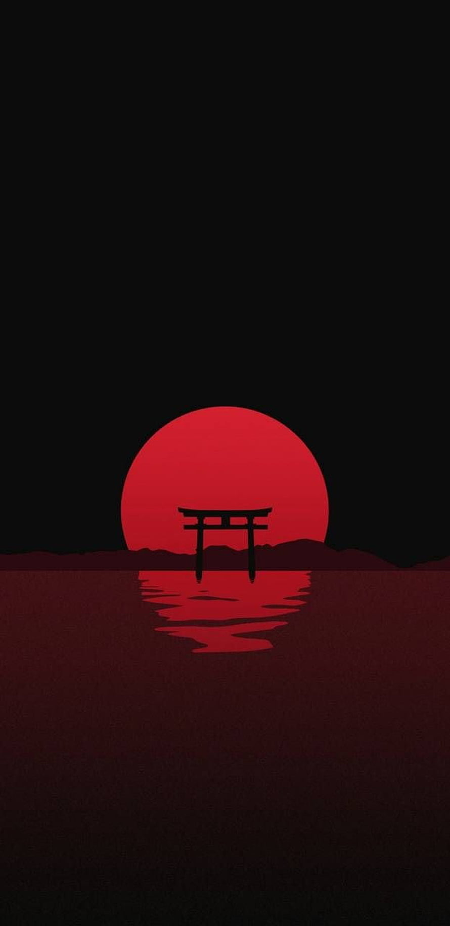 Minimalist Japanese Torii Gate Silhouette Against a Large Red Sun Over Dark Water HD phone wallpaper