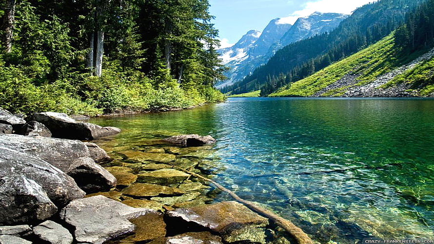 Crystal Clear Alpine Lake with Rocky Shore and Snow-Capped Mountains HD wallpaper
