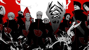 Naruto Akatsuki Members in Black Cloaks with Red Clouds and Sharingan Eyes HD wallpaper