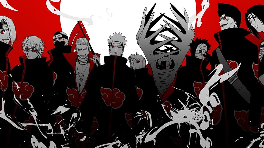 Naruto Akatsuki Members in Black Cloaks with Red Clouds and Sharingan Eyes HD wallpaper
