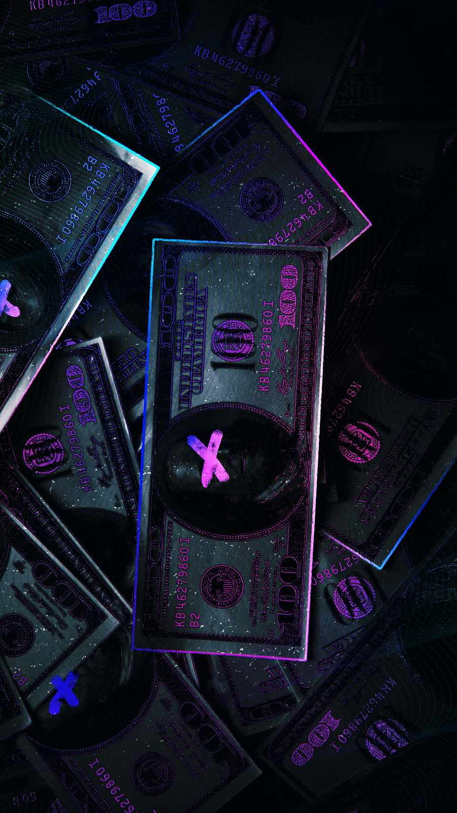 Neon Glowing 100 Dollar Bills with Pink X Marks on Dark Background HD phone wallpaper