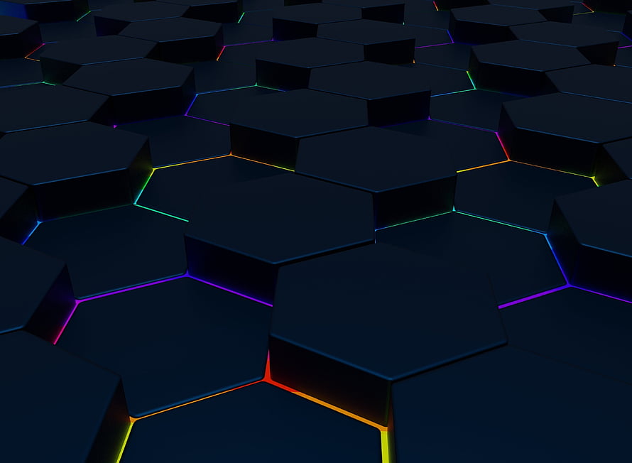 Dark 3D Hexagonal Grid with Neon Glowing Edges and Abstract Geometric Pattern HD wallpaper