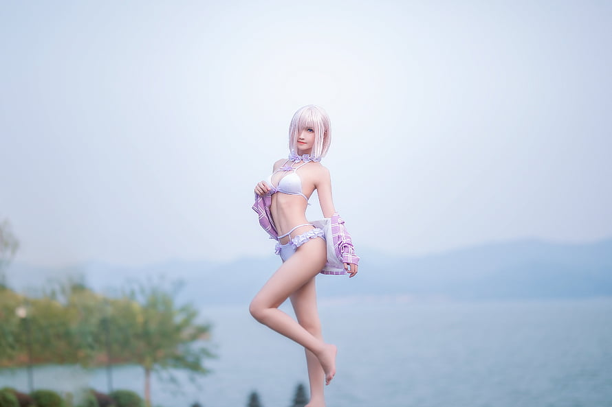Cosplay Model in Pastel Bikini and Plaid Shirt by the Lake HD wallpaper