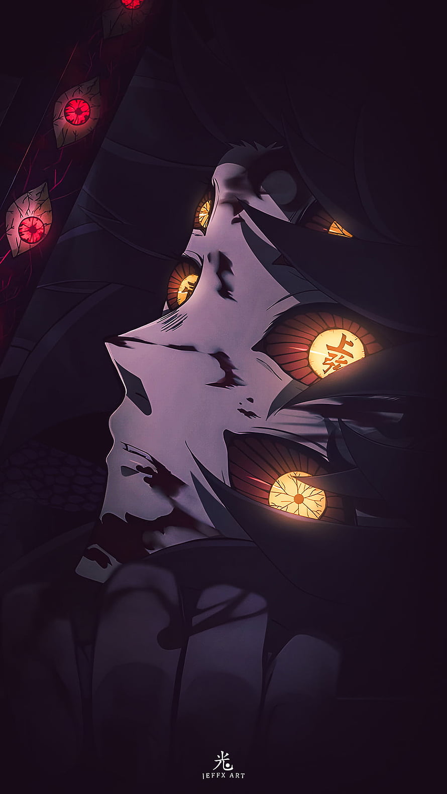 Kokushibo Demon Slayer Anime Character with Glowing Eyes and Dark Atmosphere HD phone wallpaper