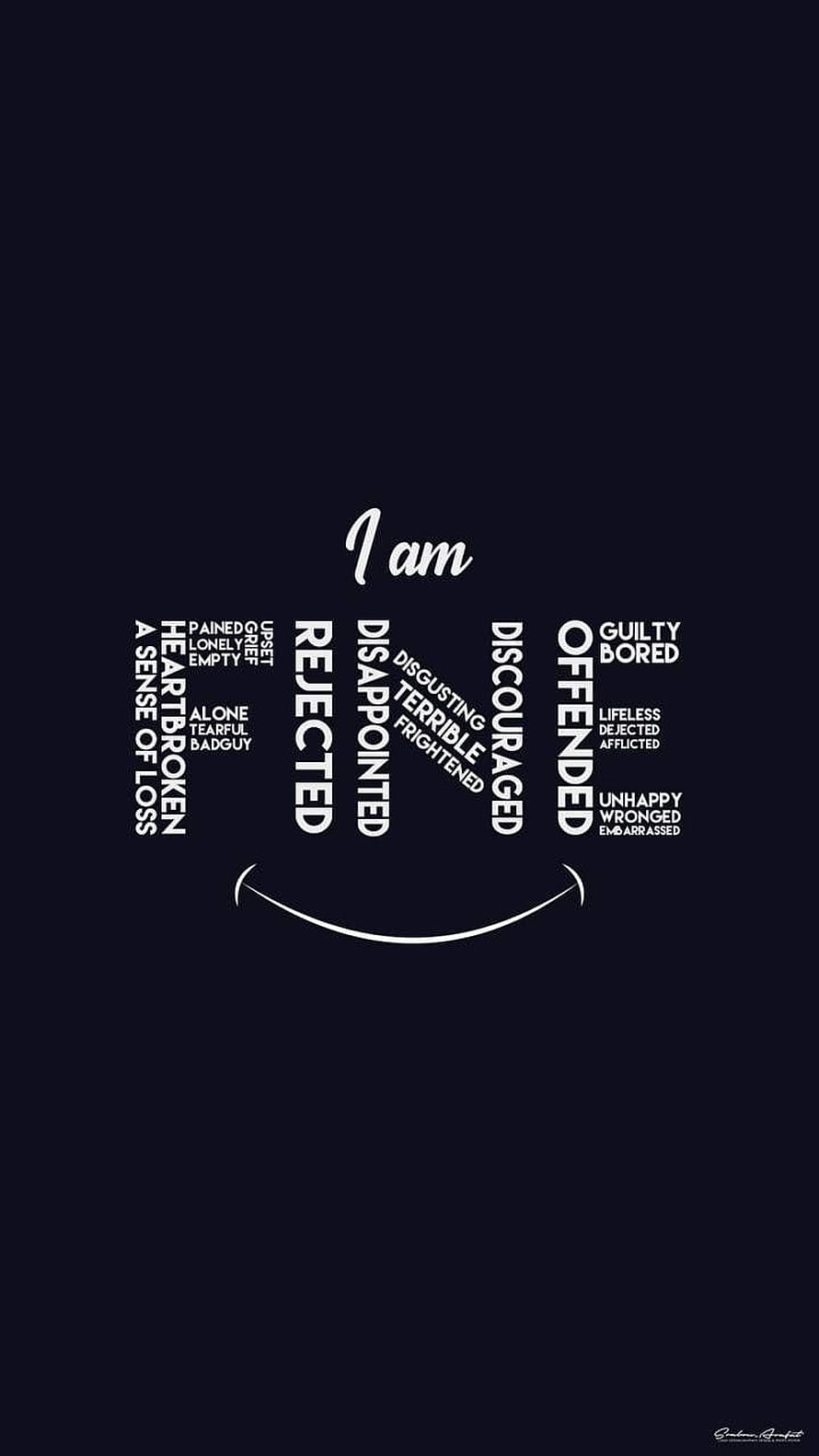 I Am Fine Typographic Art with Negative Emotions and Smile Curve on Dark Background HD phone wallpaper
