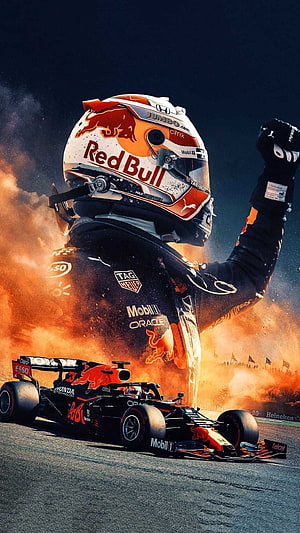 Max Verstappen Red Bull Racing Victory Celebration with F1 Car and Fire HD phone wallpaper
