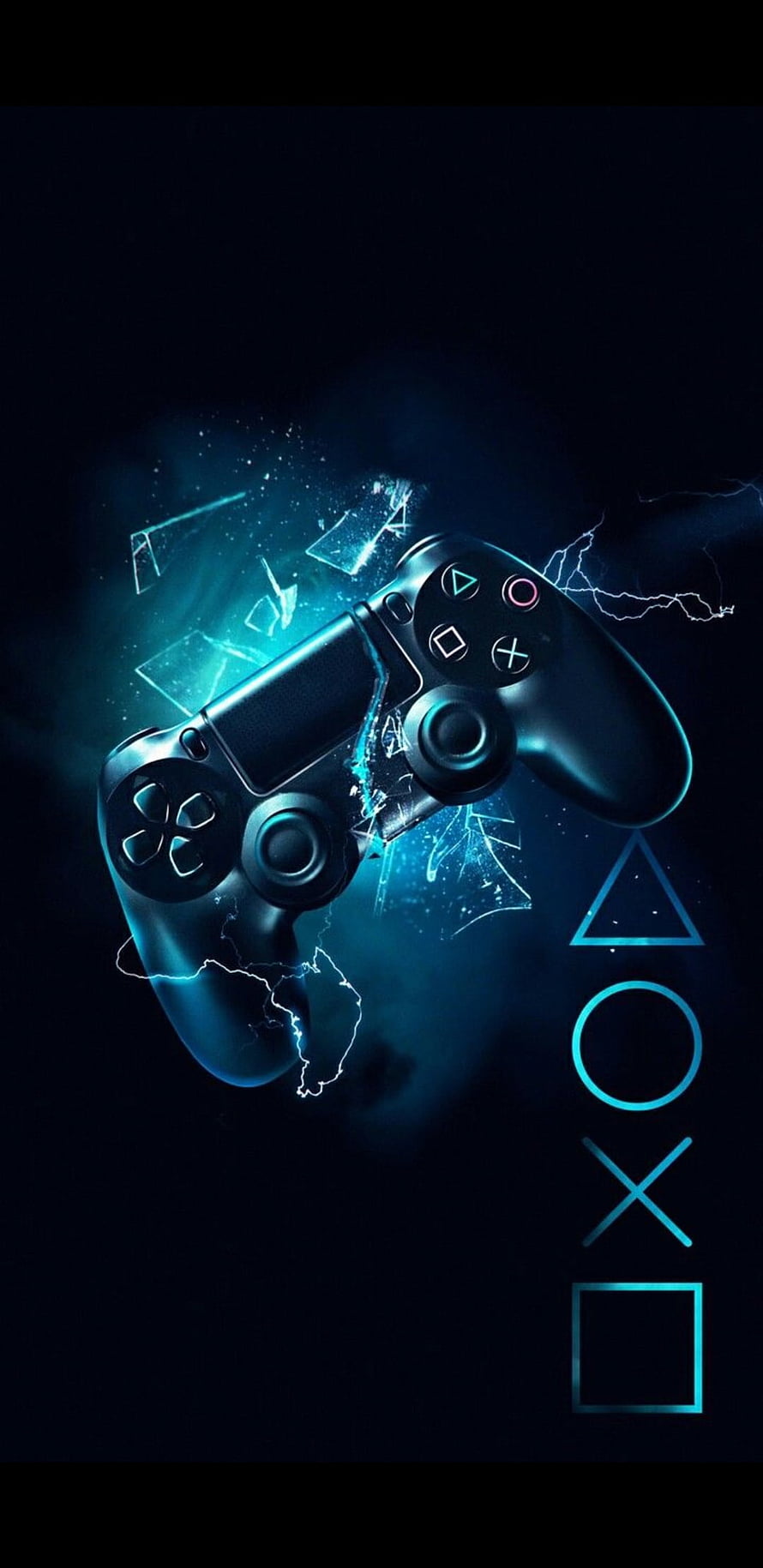 PlayStation 4 DualShock Controller with Electric Blue Shatter Effect and Icon Symbols HD phone wallpaper
