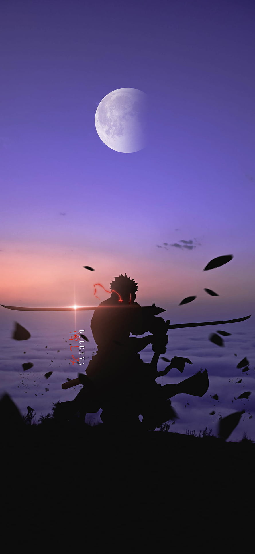 Roronoa Zoro Silhouette with Swords Under a Full Moon at Twilight HD phone wallpaper