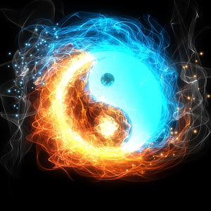 Glowing Yin Yang Symbol With Fire And Ice Energy Swirls On Black Background HD phone wallpaper