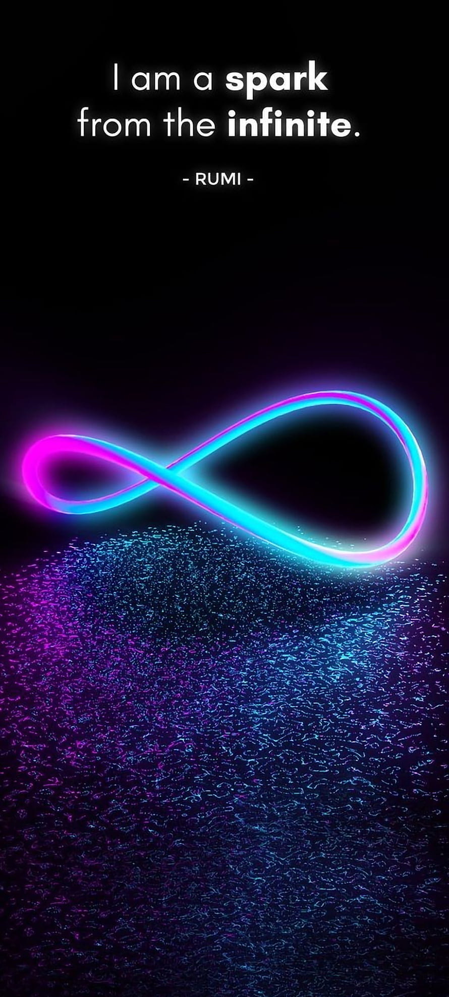 Glowing Neon Infinity Symbol Above Cosmic Particle Field with Rumi Quote HD phone wallpaper