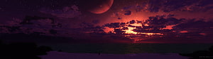 Alien Planet Sunset Over Ocean with Ringed Gas Giant in Crimson Sky HD wallpaper