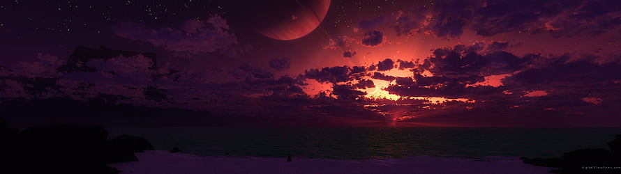 Alien Planet Sunset Over Ocean with Ringed Gas Giant in Crimson Sky HD wallpaper