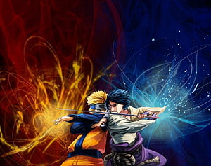 Naruto and Sasuke Clashing Swords in a Dynamic Anime Battle Scene HD wallpaper